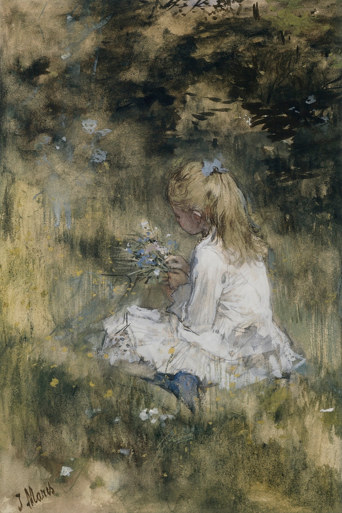 A Girl With Flowers In The Grass