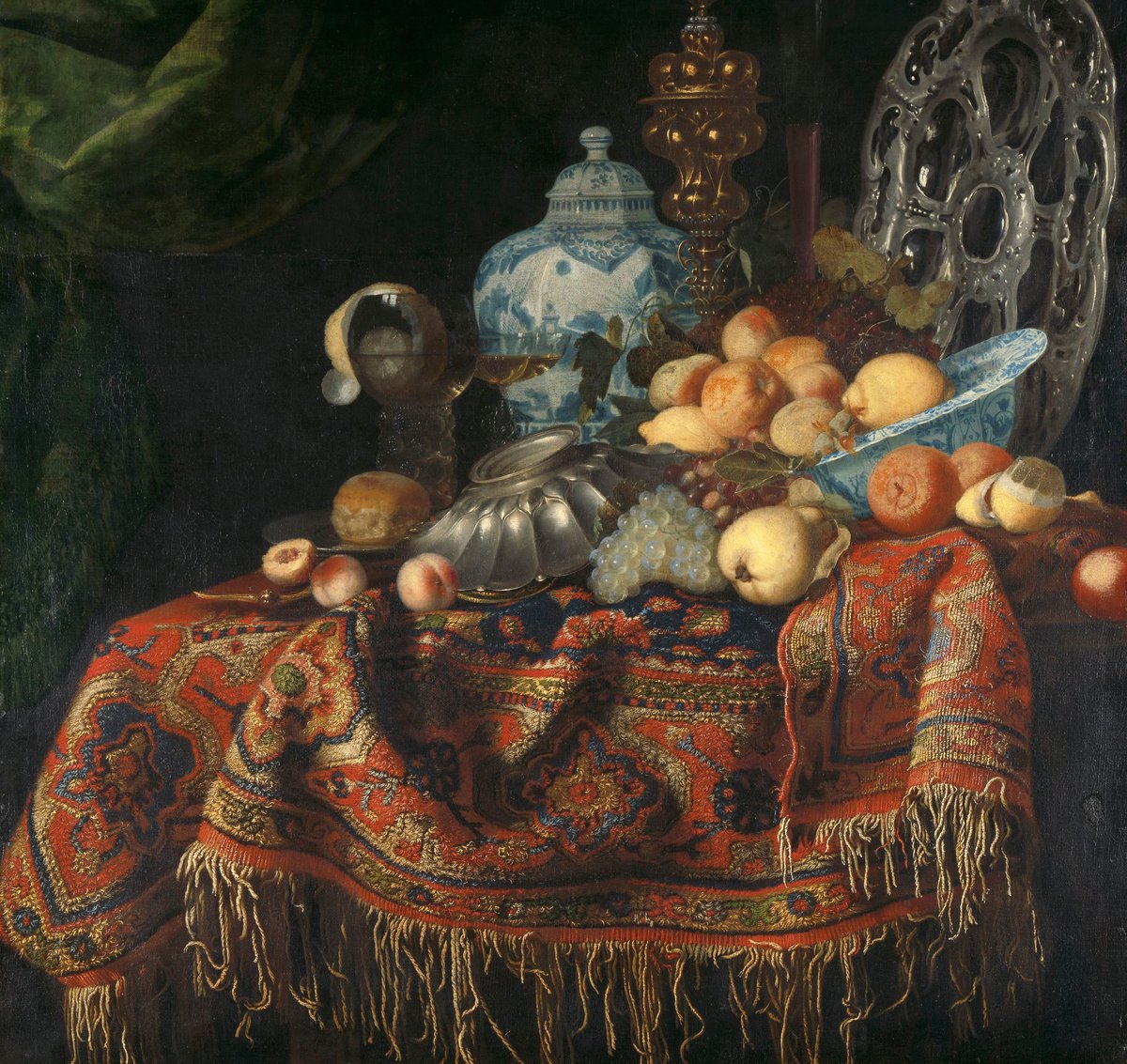 Still Life With Fruits And Vessels On A Smyrna Rug